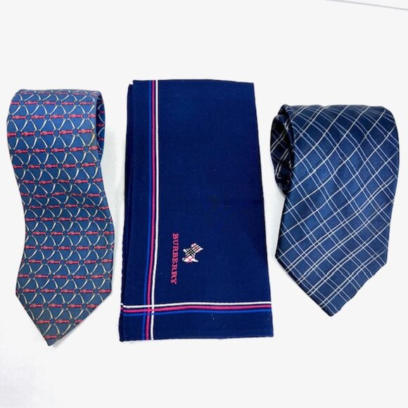 Set 2 Neckties: Hermès Geometric &  Mario Valentino +1 Burberry Handkerchief(51) - Picture 2 of 16